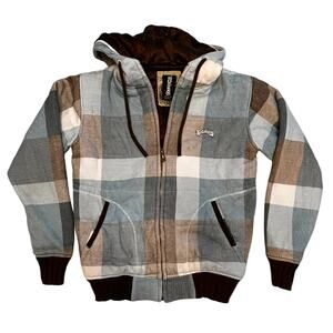 Billabong Women's Blue White Brown Plaid Zip Up Jacket Size Small